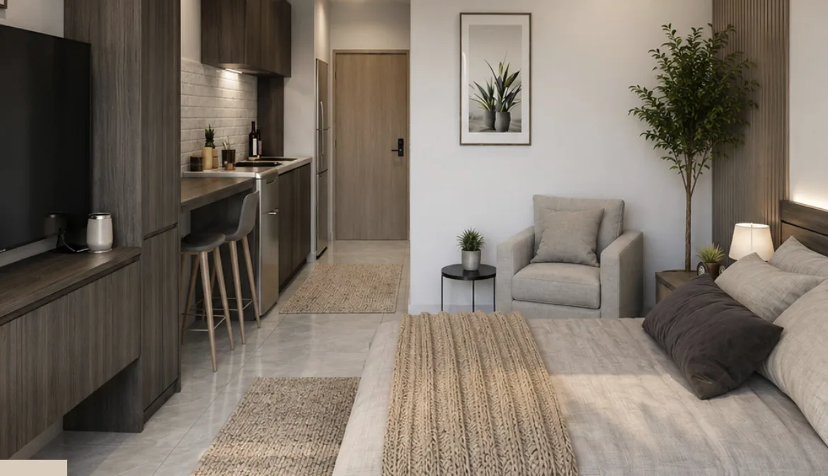 Render de la estancia del estudio – estudio en preventa en Playa del Carmen